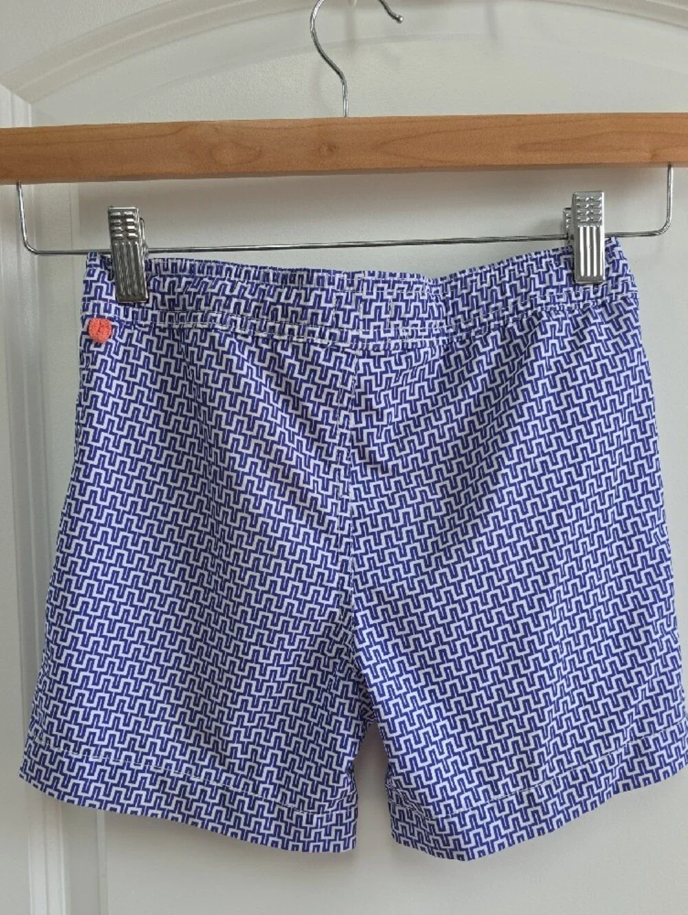Crewcuts Navy & White Geometric Swim Trunks with Coral Drawstring